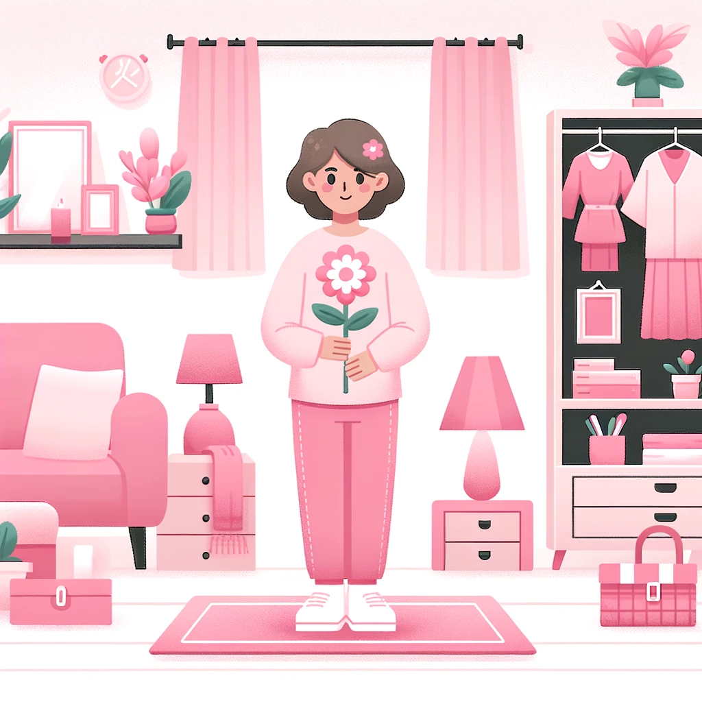 ピンクの服を着た人物が整理整頓されたリビングルームでピンクの小物に囲まれ、ポジティブで自信に満ちた表情をしている様子