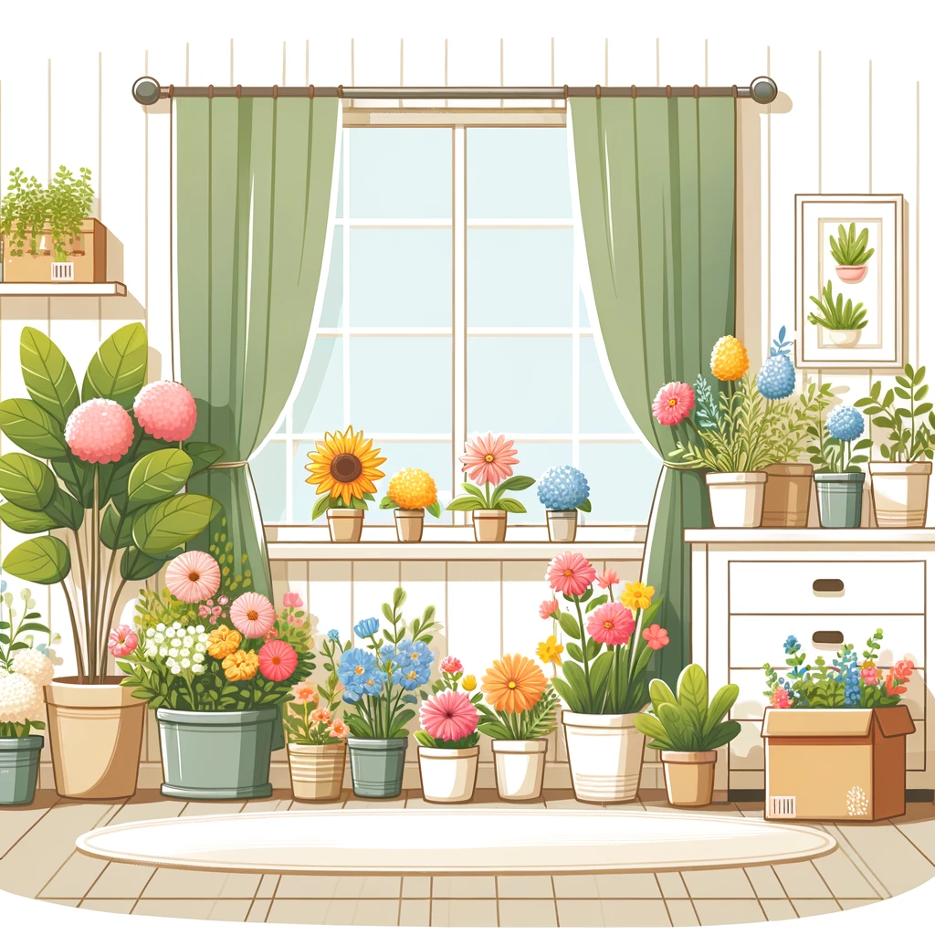 明るく風通しの良い部屋に新鮮な花と植物が飾られ、自然光が窓から差し込み、部屋全体に活気が感じられる様子